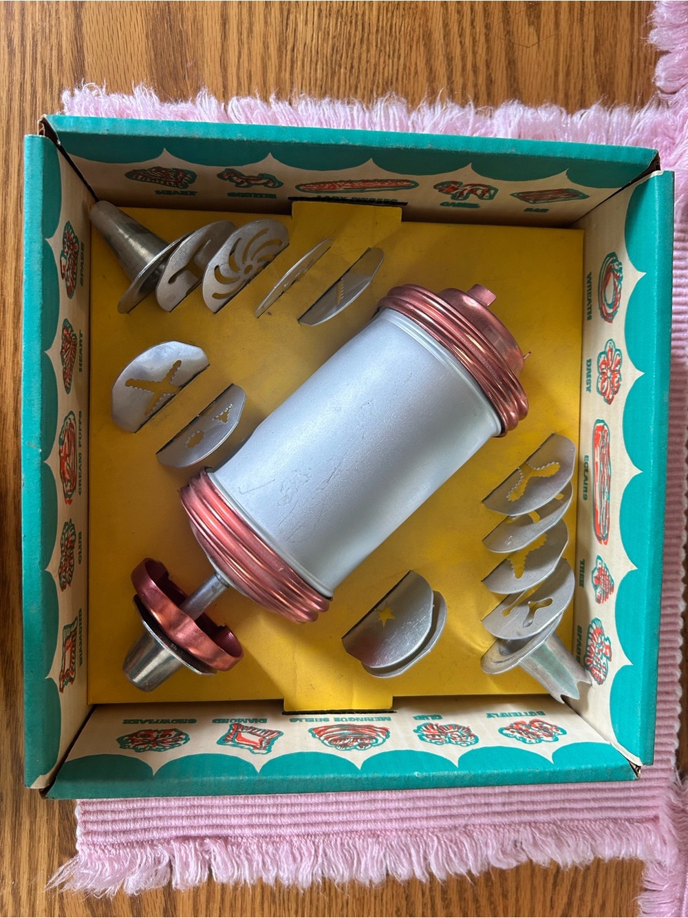 Mirro Vintage Cookie Press and Box with Decorative Discs - Silver & Rose Gold -